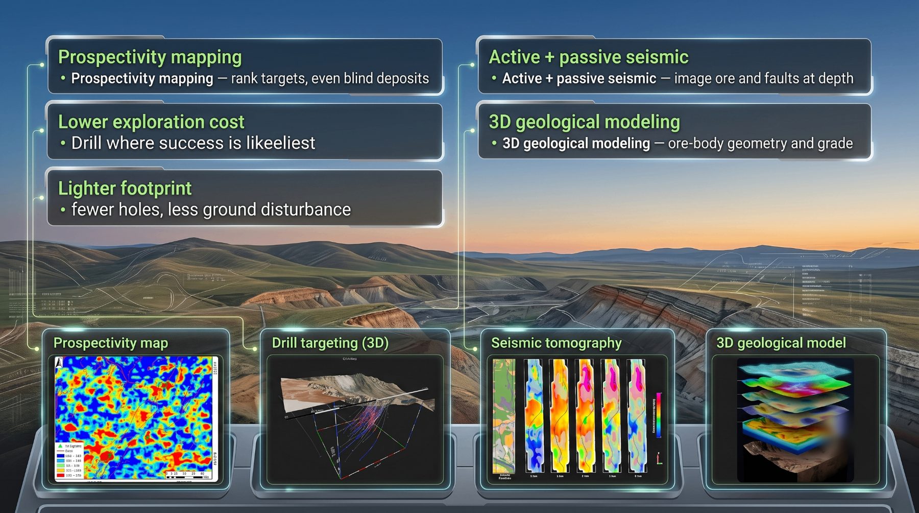 Mineral exploration — prospectivity mapping, drill targeting, seismic tomography and 3D geological model