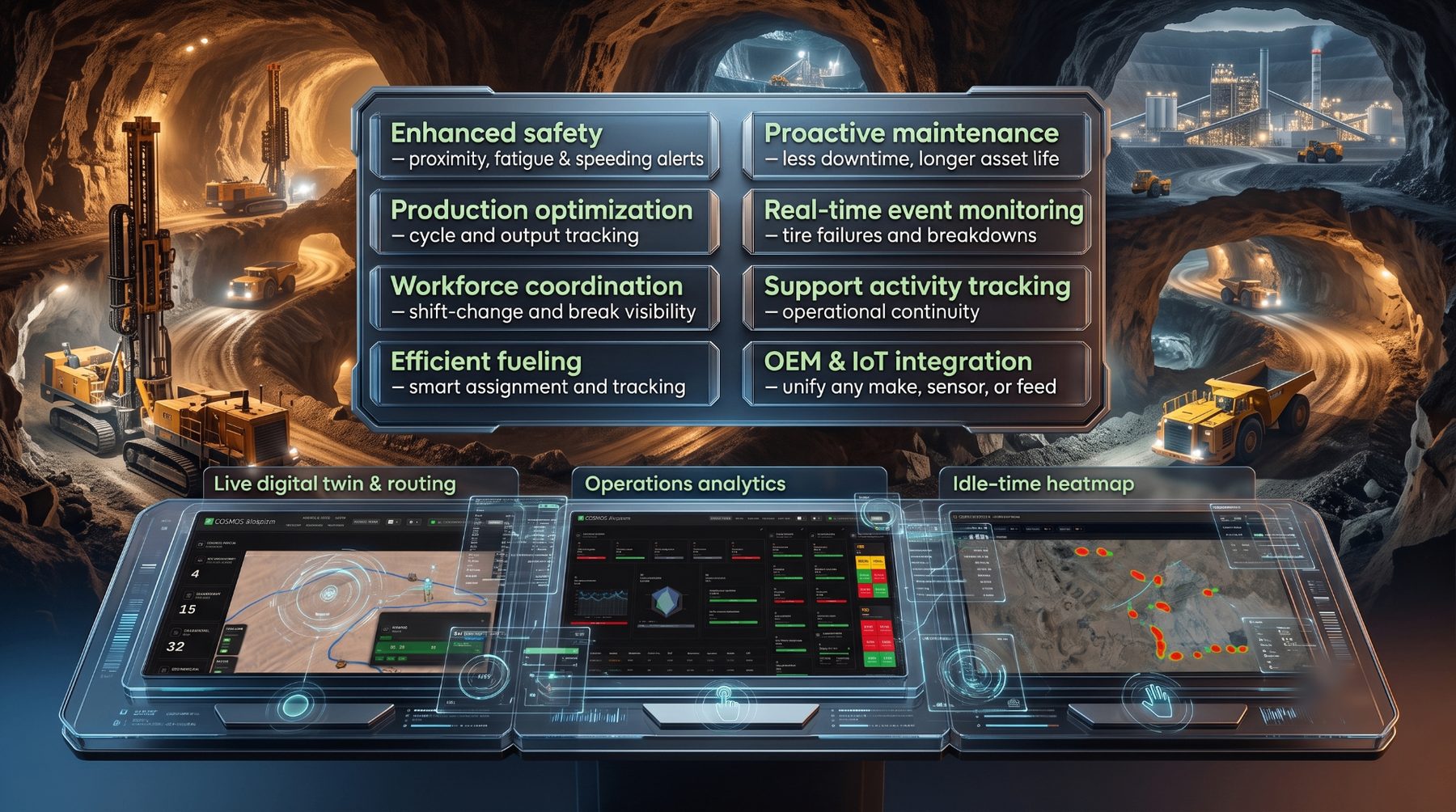 Fleet Telemetry & Analytics Platform — safety, production, workforce, fueling, maintenance, event monitoring, OEM/IoT integration and support activity, with live digital twin, operations analytics and idle-time heatmap consoles