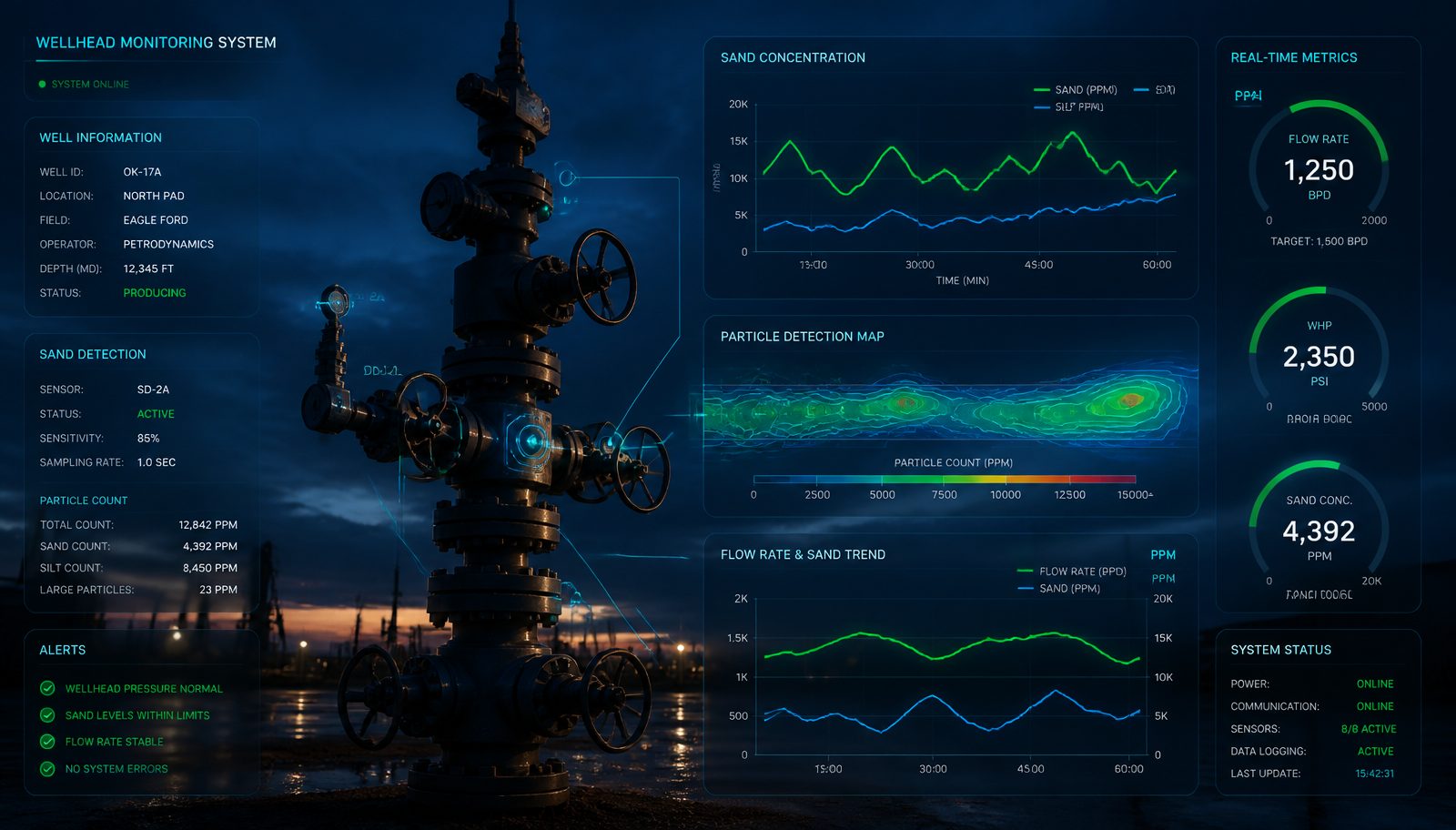 SciVision wellhead monitoring — sand concentration, particle detection map, flow rate and real-time metrics
