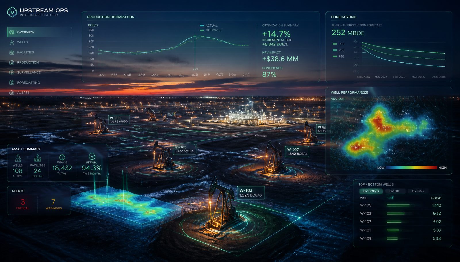 Upstream operations intelligence — production optimization, forecasting, well performance and asset summary