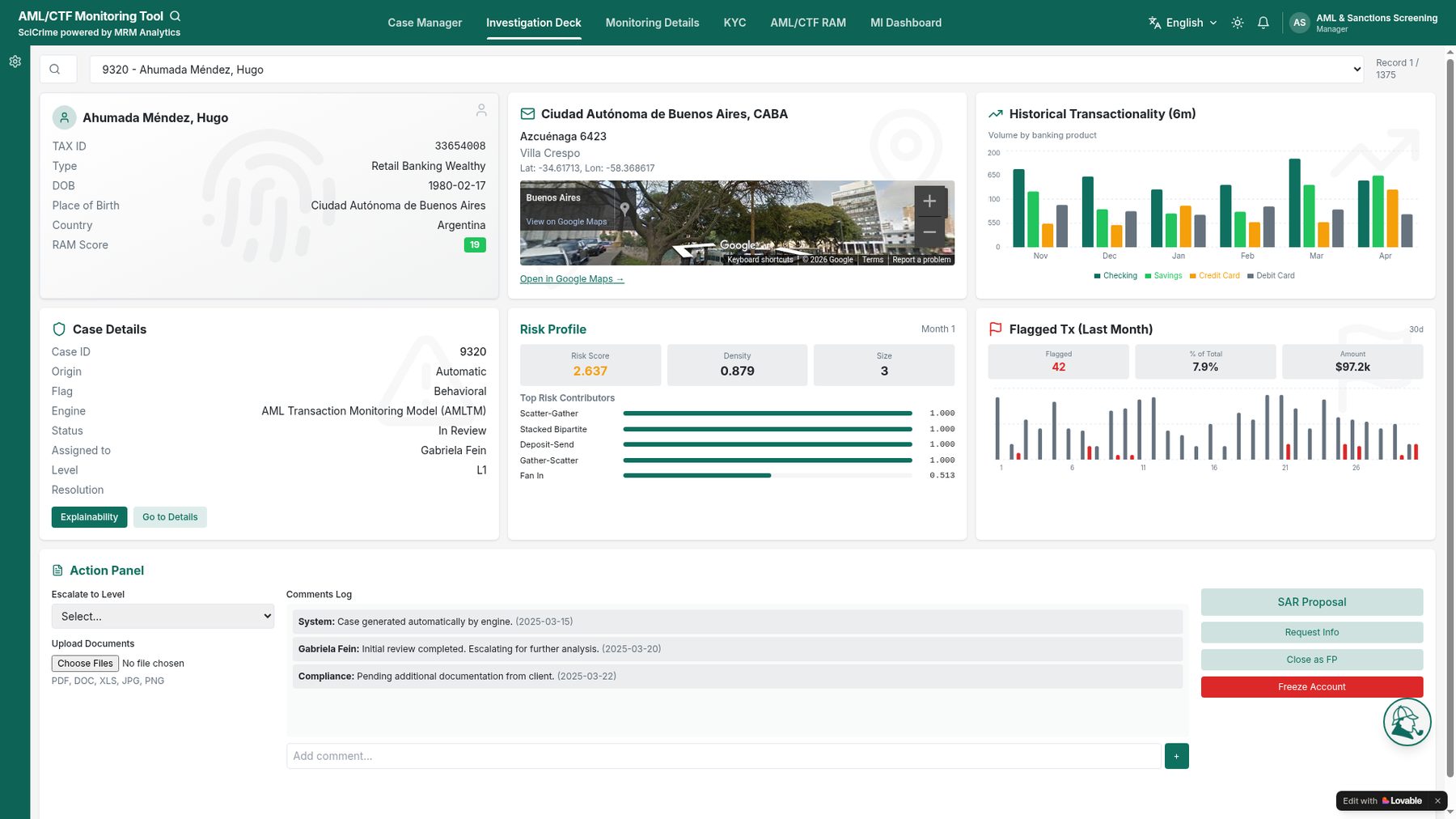 SciFraud AML dashboard — customer risk detail