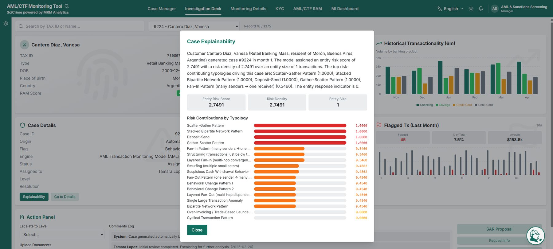 SciFraud transaction monitoring screen